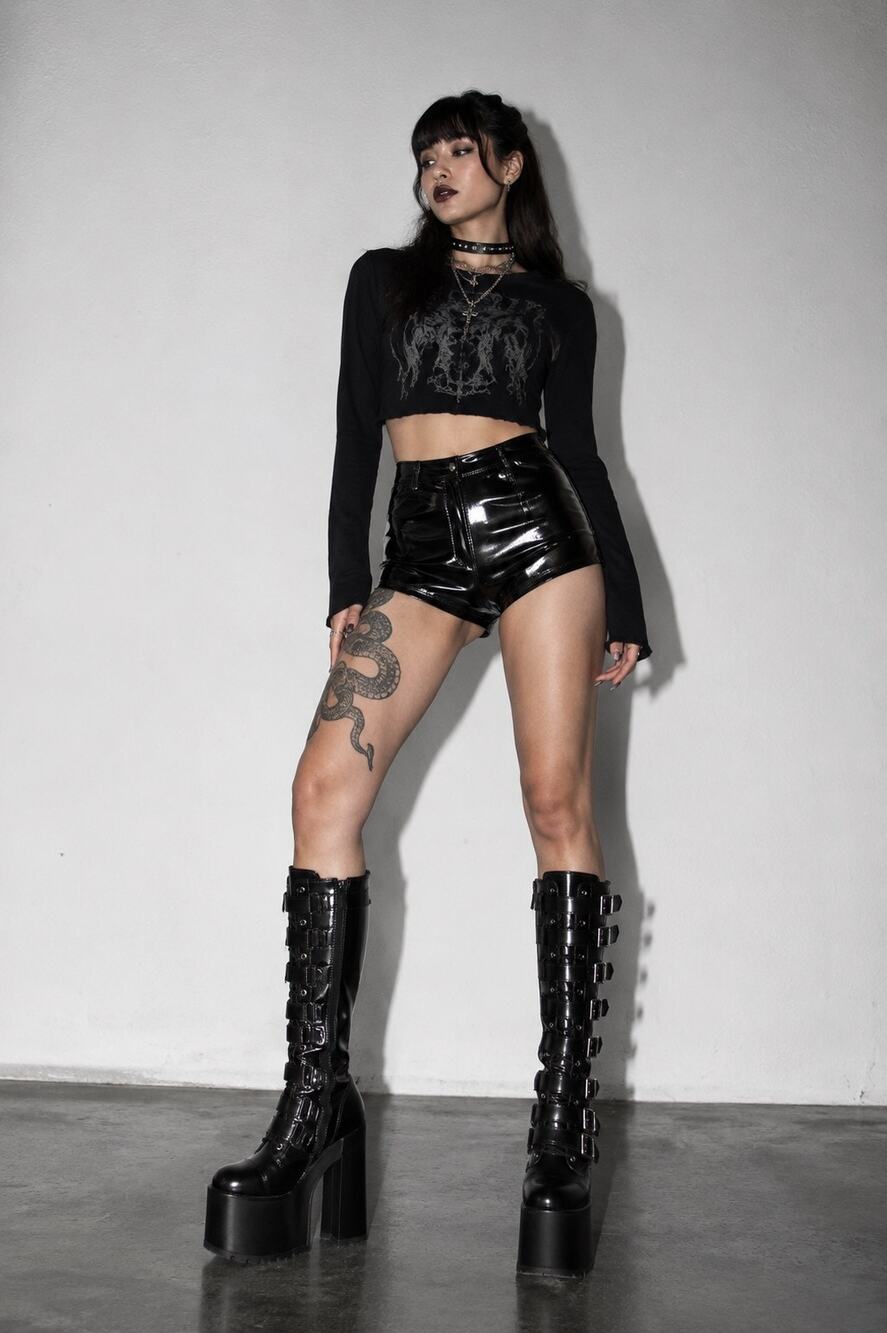 SHEIN Black Faux Leather High Waist Hot Shorts XS Glossy Vinyl Club Goth Micro